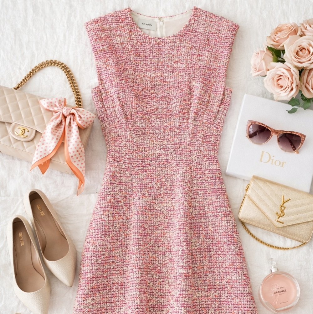 St.John Pink Tweed Midi Dress